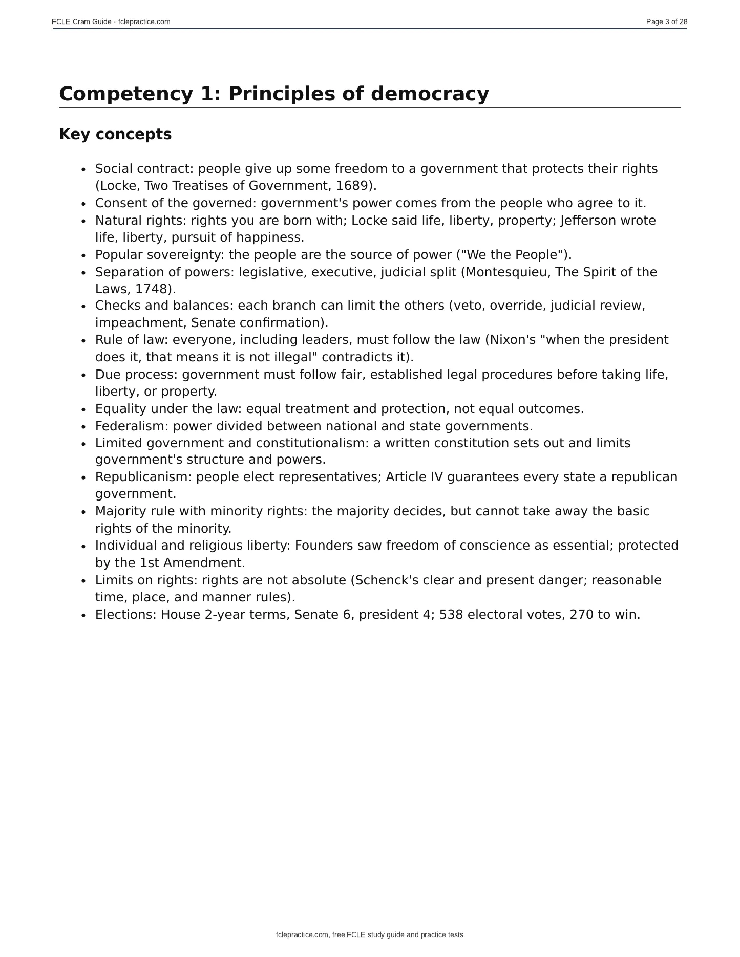 FCLE Cram Guide, page 3 of 20: Competency 1: Principles of democracy